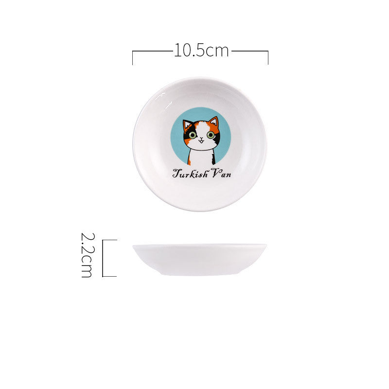 Small white plate with a cat illustration and text, shown with dimensions on a white background.