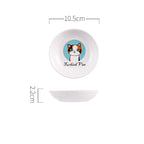 Small white plate with a cat illustration and text, shown with dimensions on a white background.