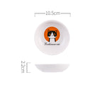 Small round dish with a cat illustration and measurements on a white background