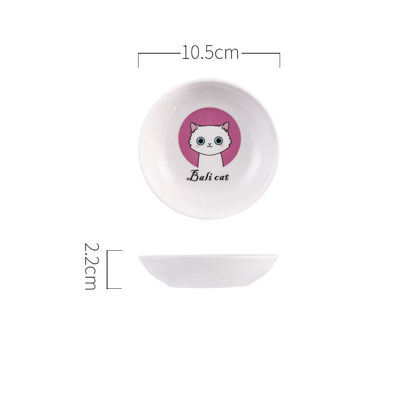 White ceramic bowl with a cat illustration and text, shown with dimensions on a white background.