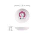 White ceramic bowl with a cat illustration and text, shown with dimensions on a white background.