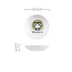 Small round white dish with a cat illustration and text, shown with dimensions on a white background.