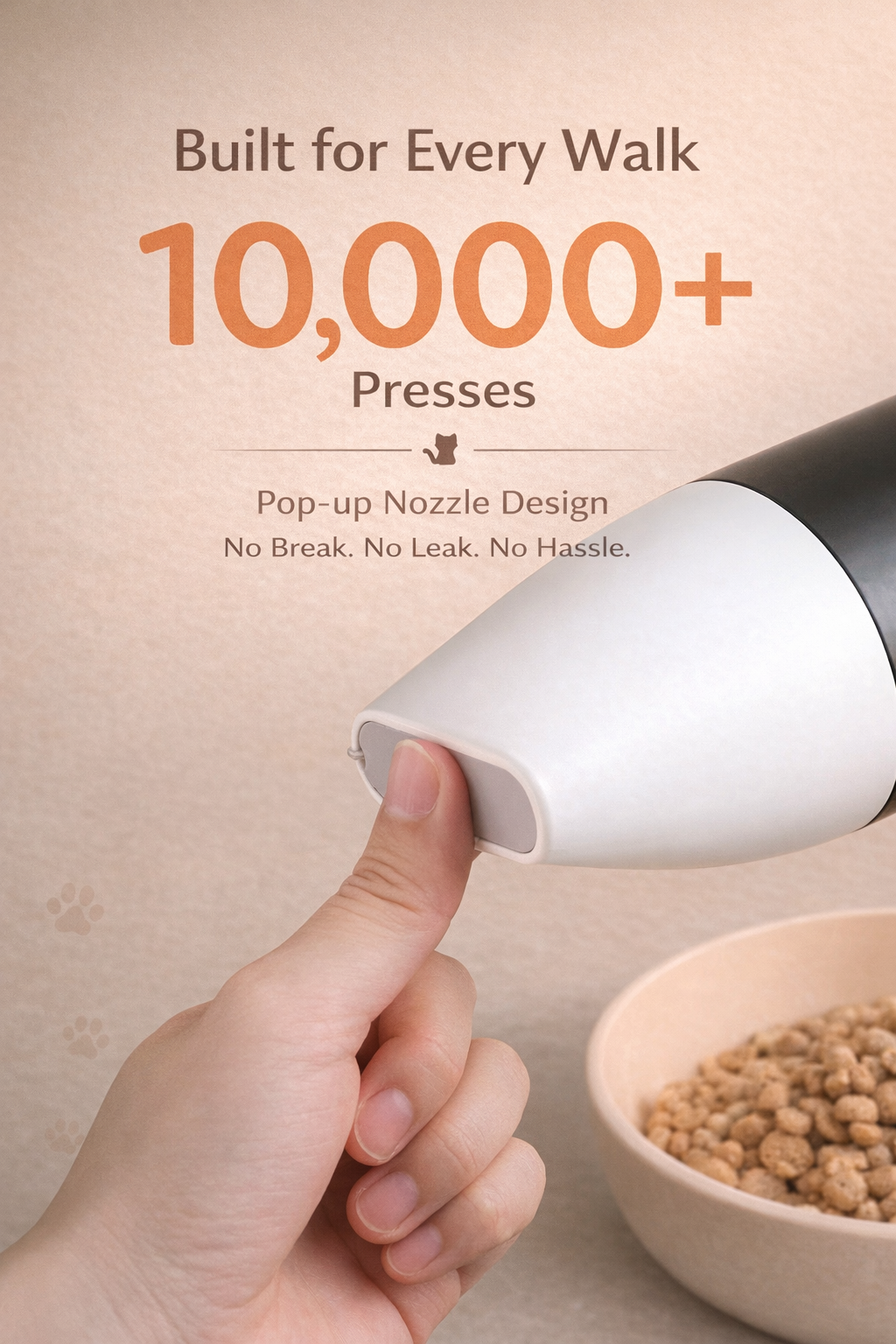 Hand holding a white and black nozzle over a bowl of food with text about product features on a beige background.
