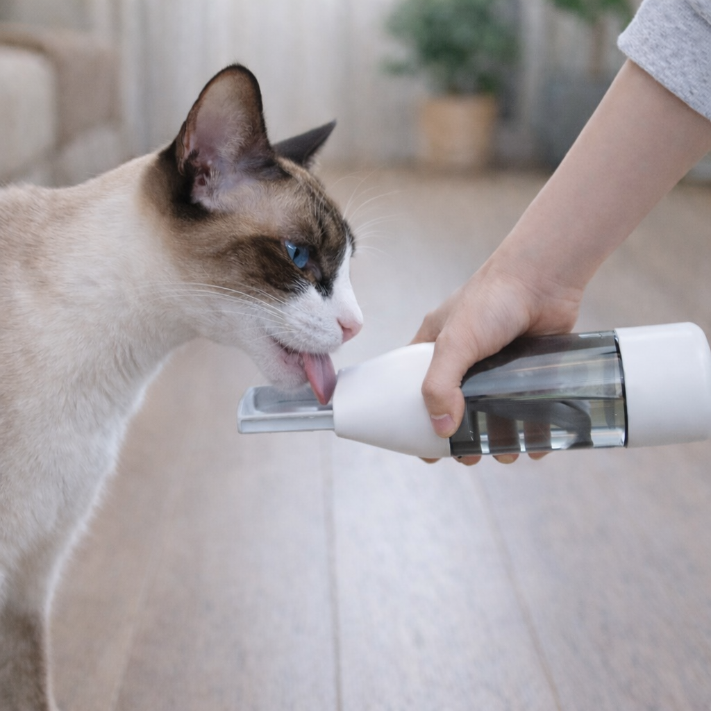 Cat drinking from a white and silver pet water fountain held by a person.