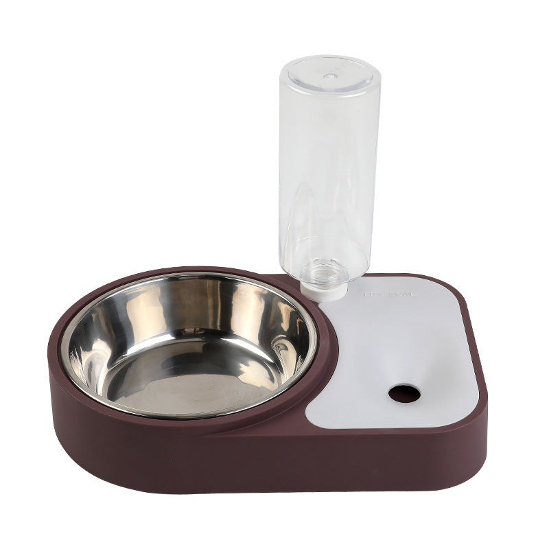 Pet water and food bowl with a transparent drinking tube on a white background