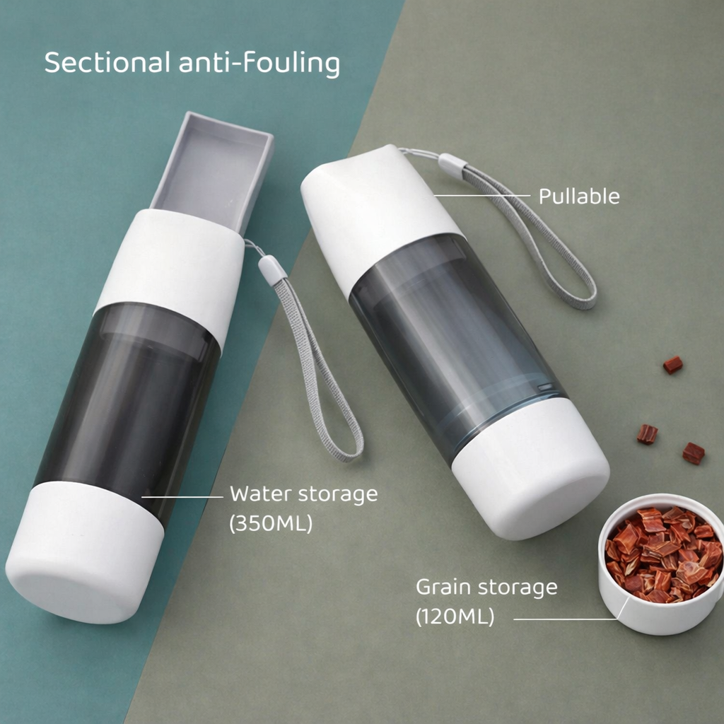 Two sectional anti-fouling water bottlewith labels on a gray and green background.
