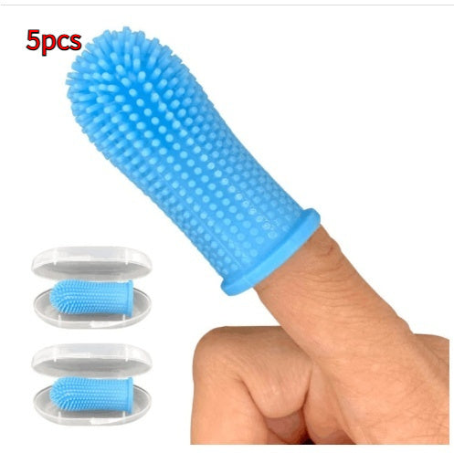 Blue silicone pet finger toothbrush 5pcs worn on finger with storage case