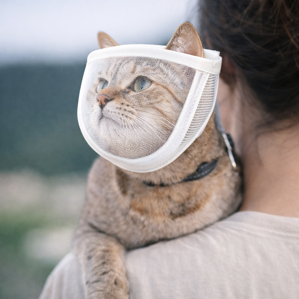 Cat wearing white mesh muzzle outdoors calm and comfortable