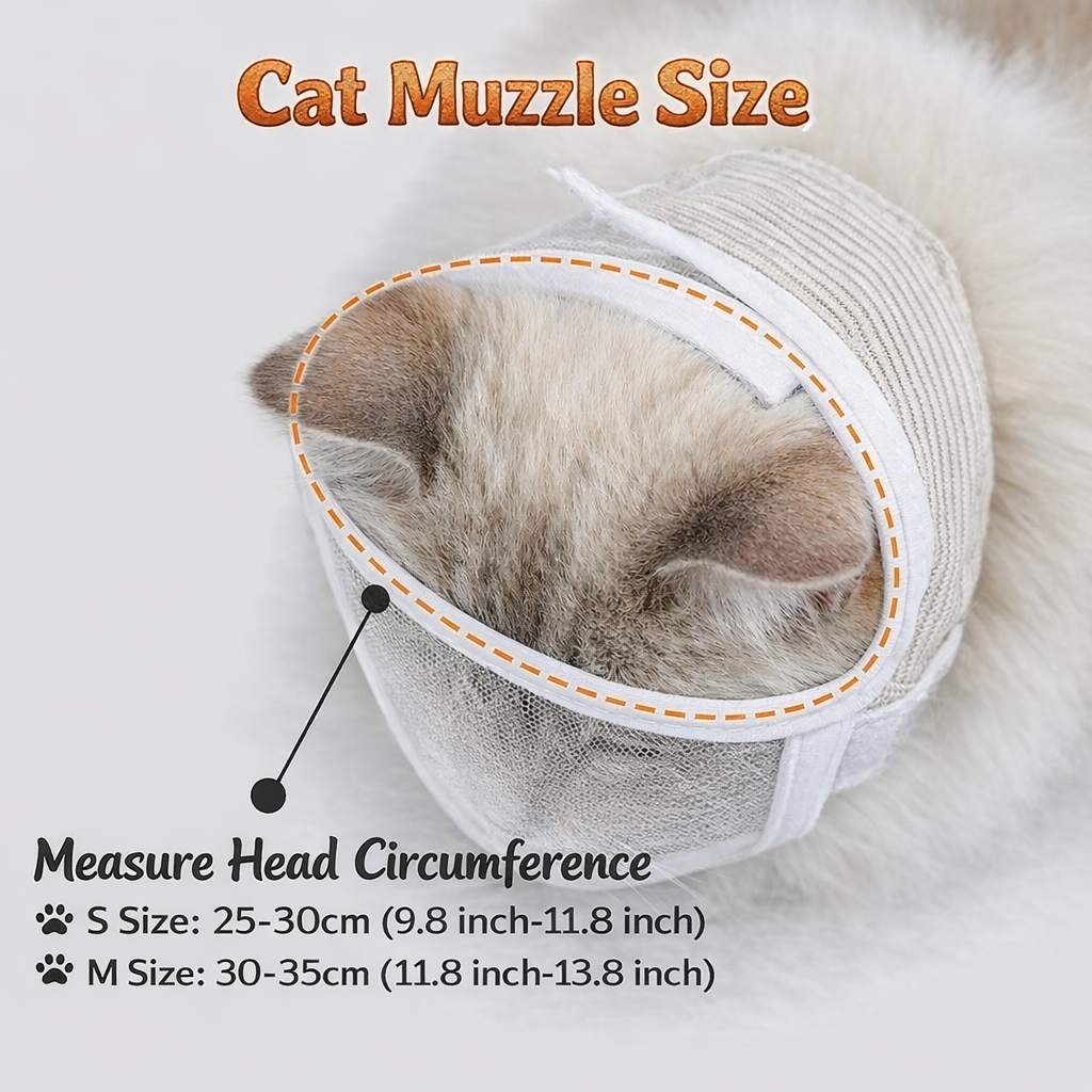 Cat muzzle size guide S 25 to 30cm and M 30 to 35cm head circumference