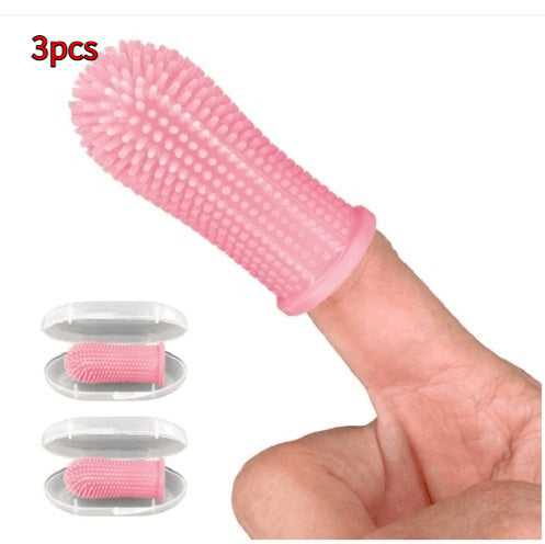 Pink silicone pet finger toothbrush 3pcs with storage case