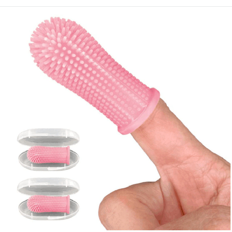 Pink silicone pet finger toothbrush with storage case
