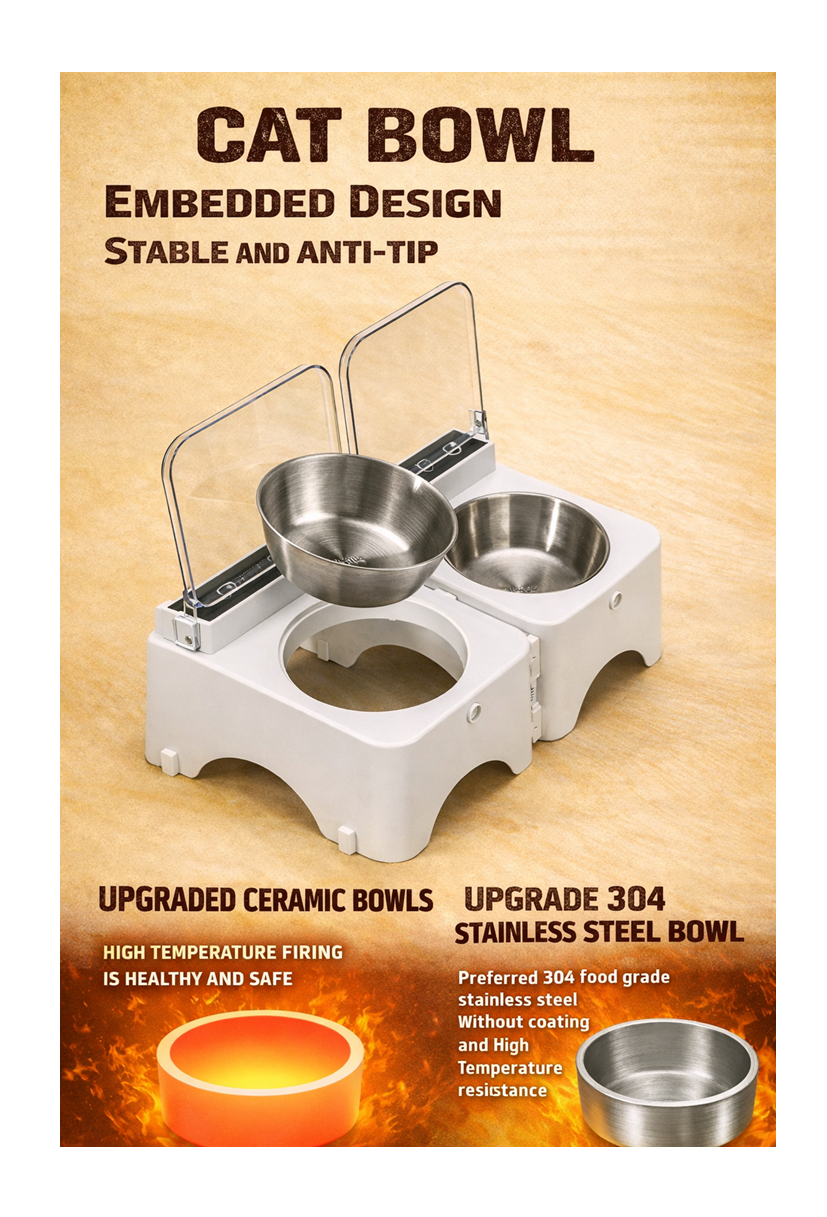 Cat bowl with embedded design on a wooden background