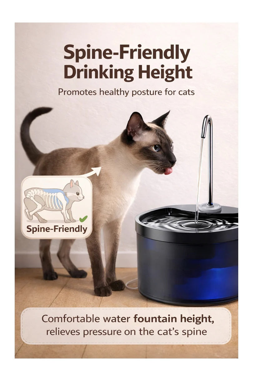 Cat standing next to a blue water fountain with text about spine-friendly drinking height.
