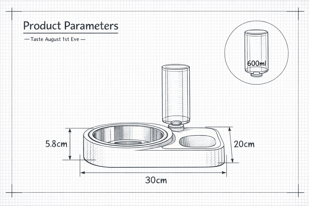 Technical drawing of a pet water bowl and drinking fountain with dimensions on a grid background.