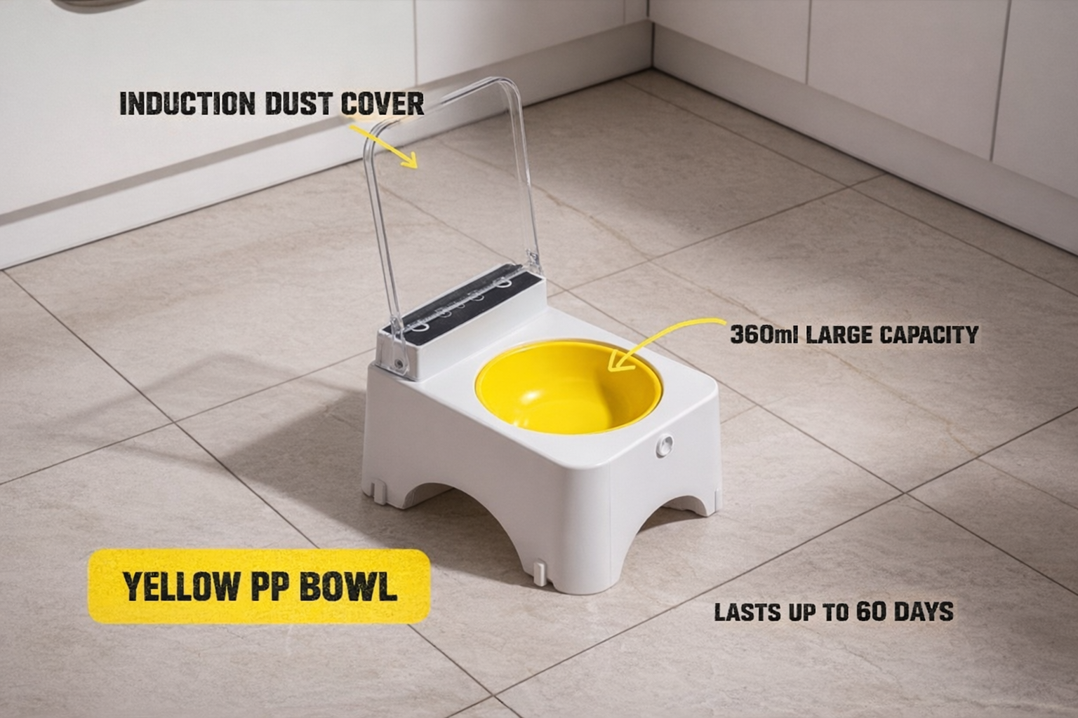 Small white and yellow pet toilet on a tiled floor with text highlighting features.